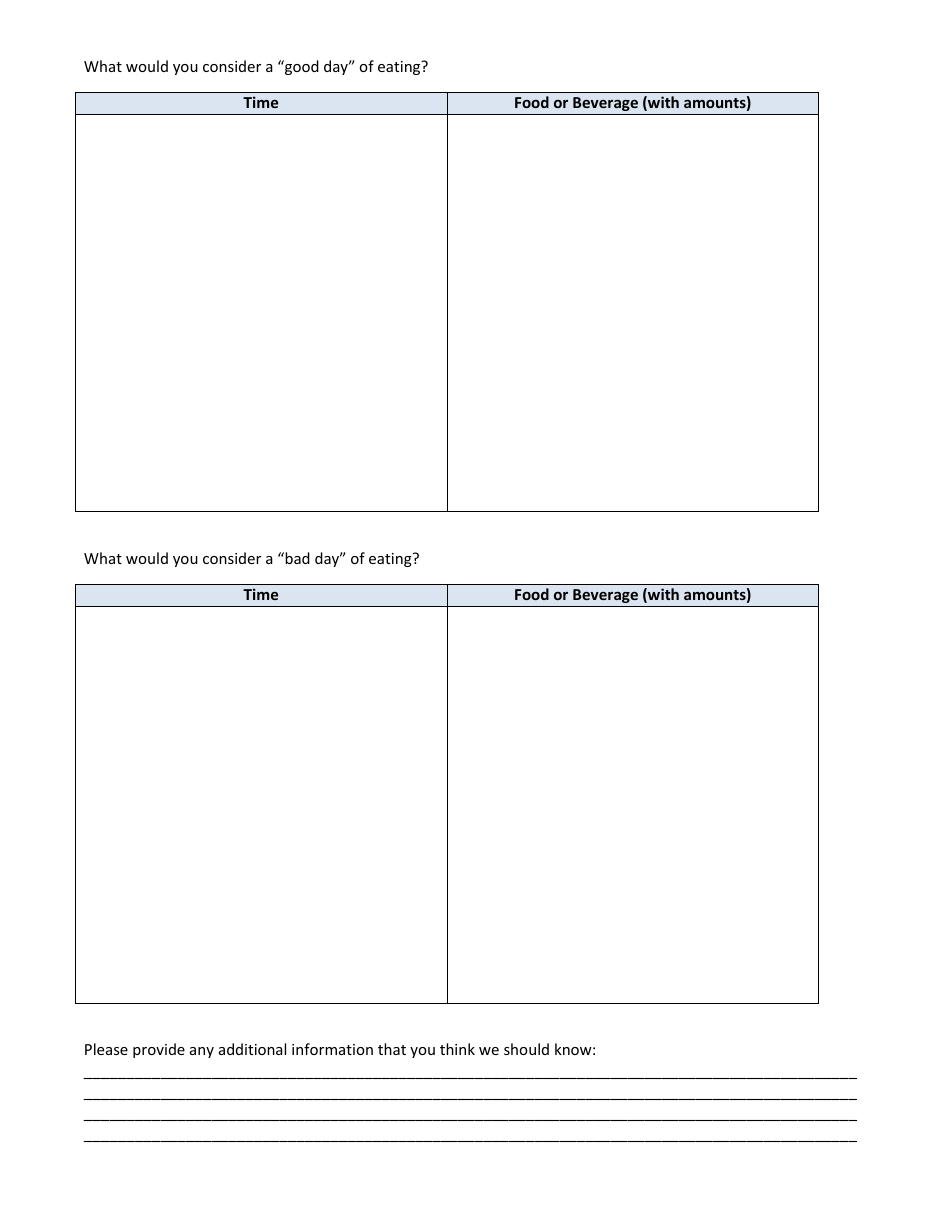 Pre-visit Nutrition Assessment Form, Page 4