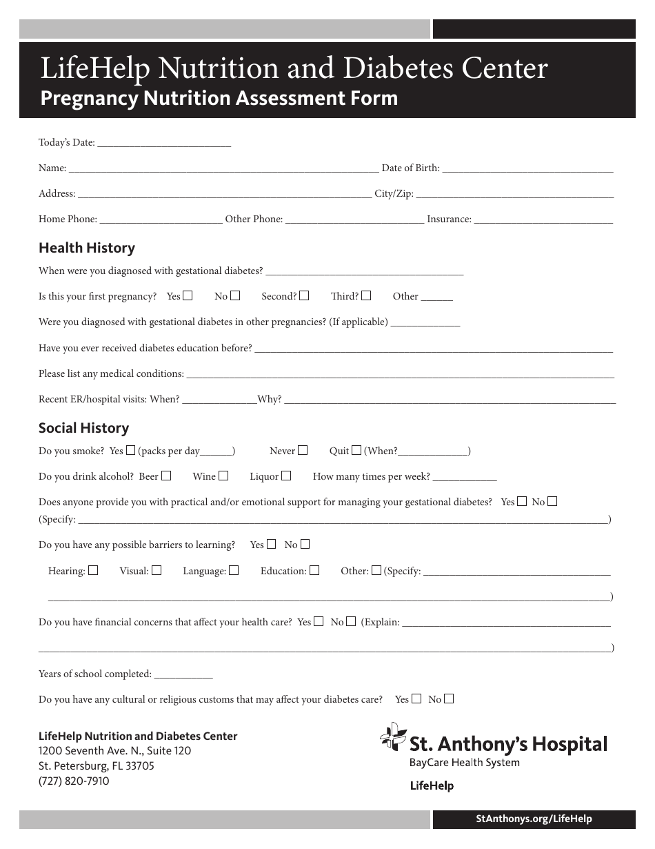 Pregnancy Nutrition Assessment Form - Lifehelp Nutrition and Diabetes Center, Page 1