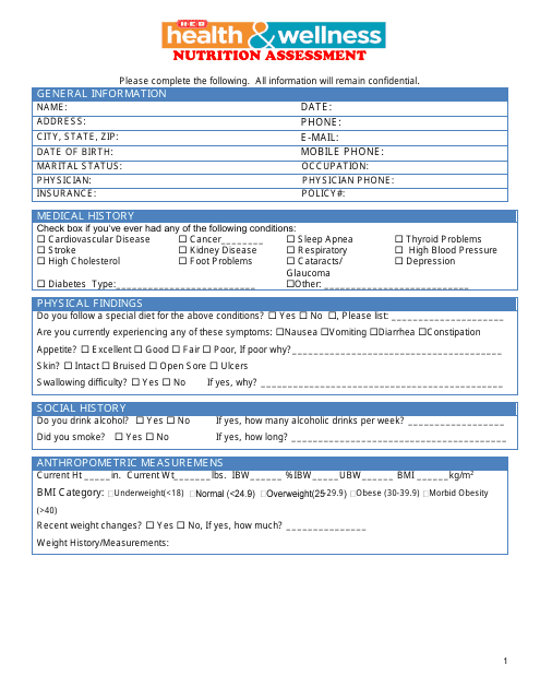 Nutrition Assessment Form - Heb Health and Wellness Download Pdf