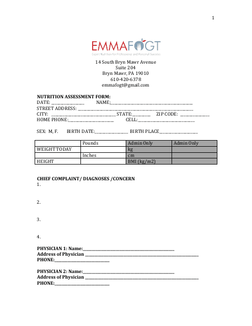 Nutrition Assessment Form - Emmafogt Download Pdf
