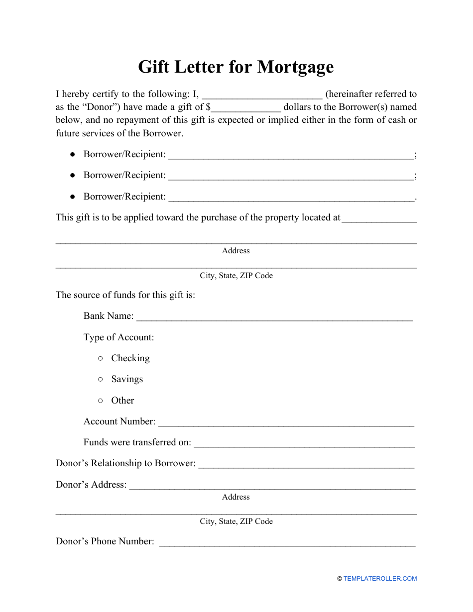 Gift Letter for Mortgage Template Download Fillable PDF Throughout Mortgage Gift Letter Template