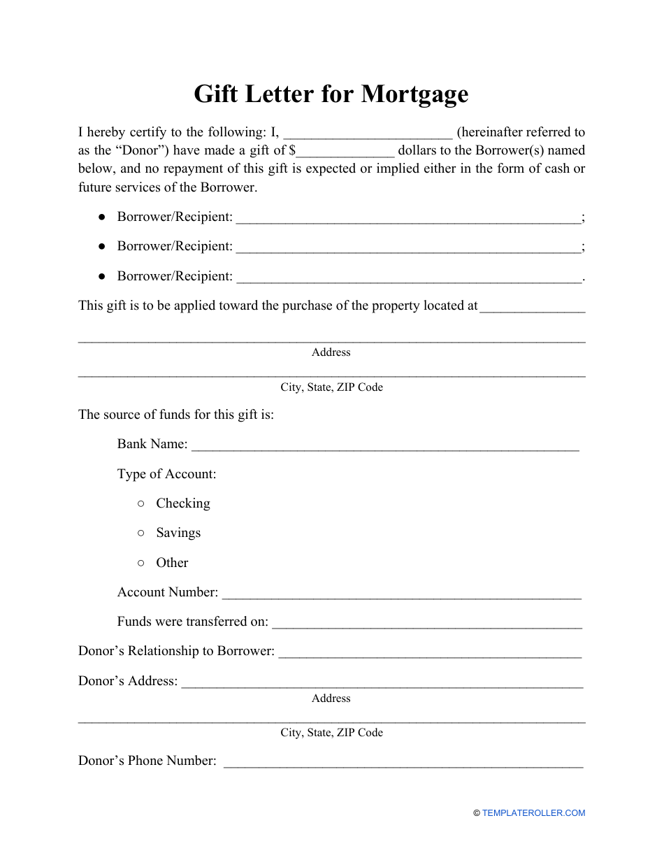 Free Printable Gift Letter For Mortgage Template Word