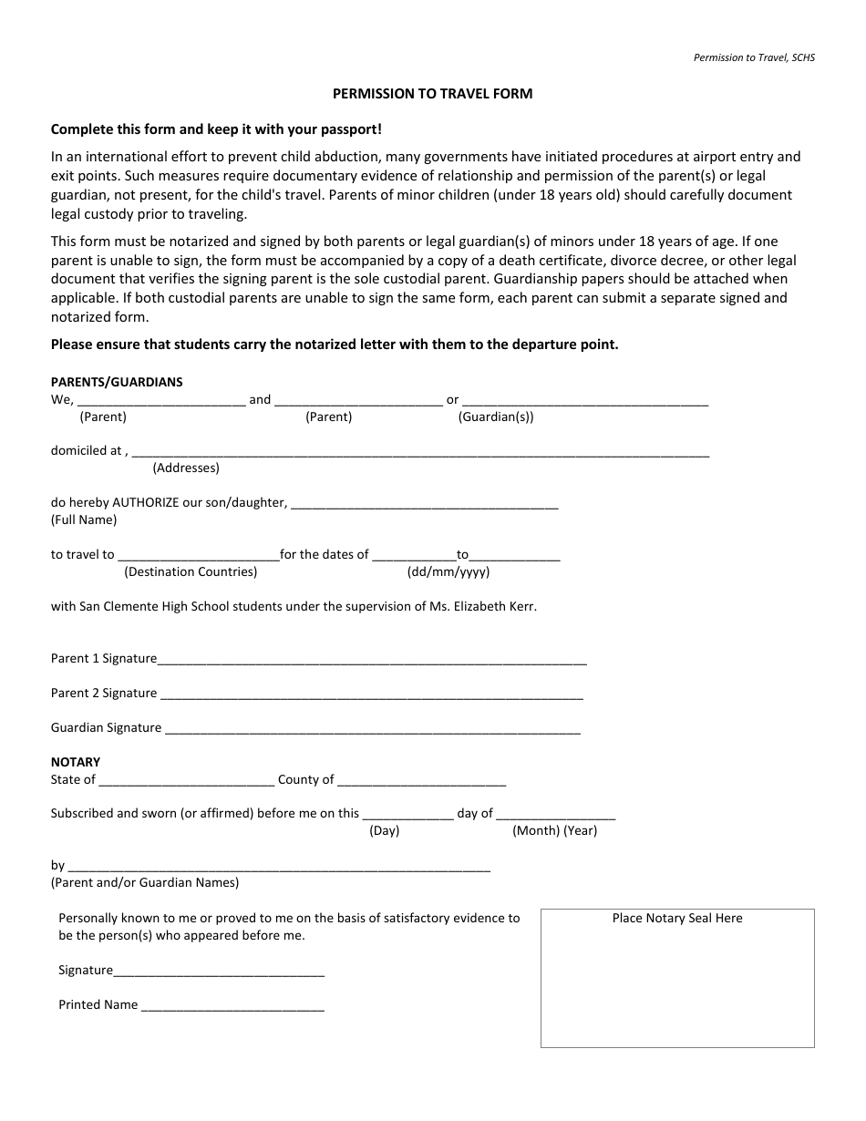 Permission to Travel Form, Page 1