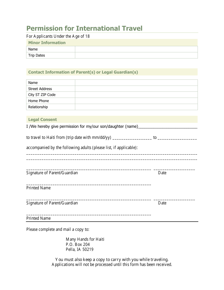 Permission Form for International Travel - Pella, Iowa, Page 1