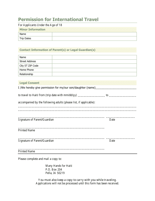 Permission Form for International Travel - Pella, Iowa Download Pdf