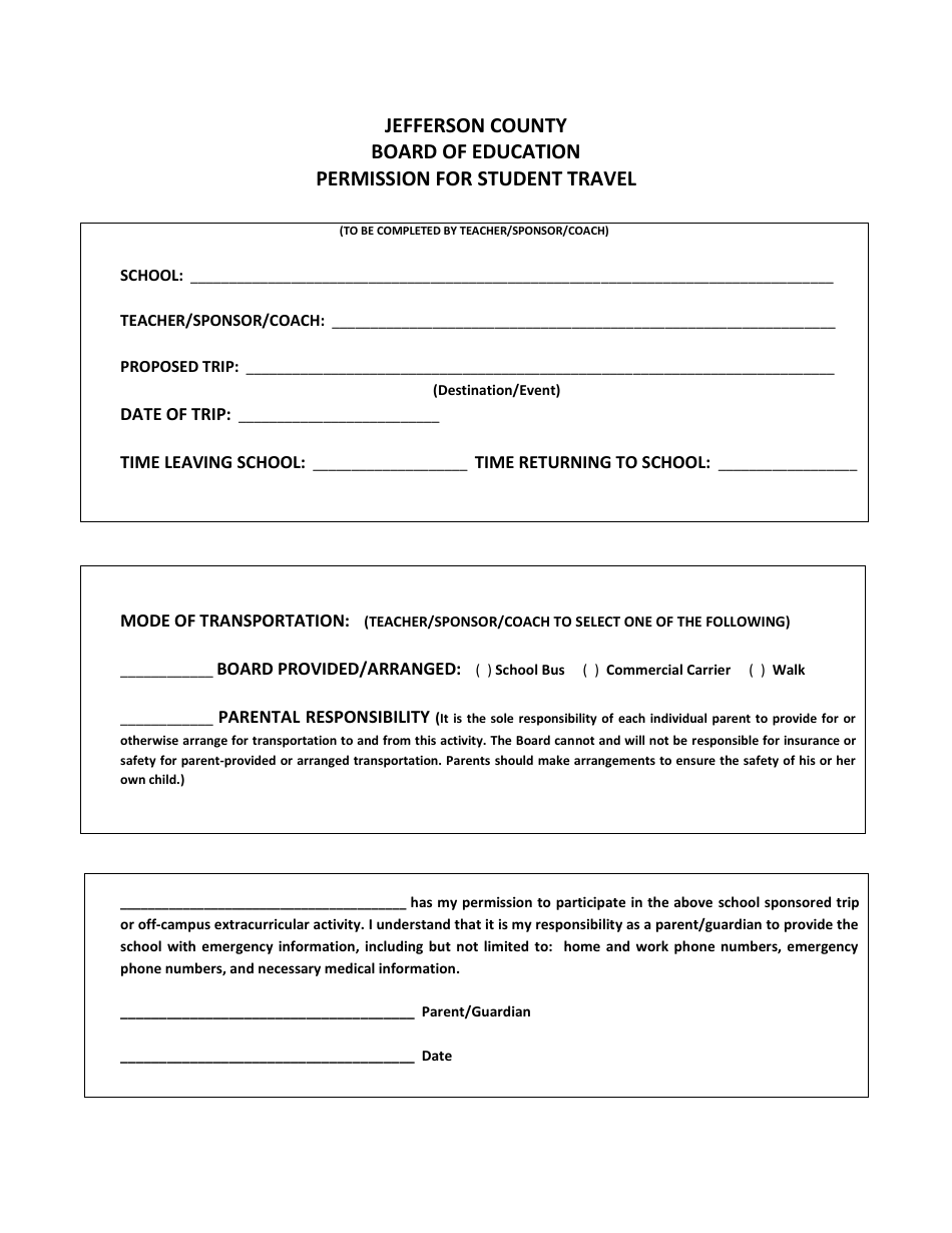 Permission Form for Student Travel, Page 1