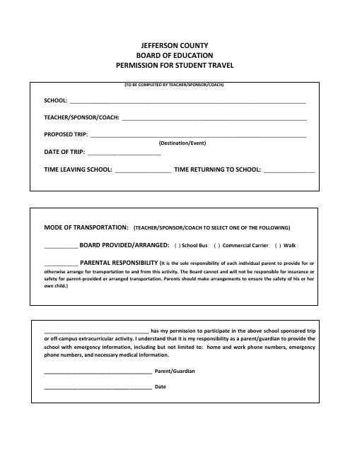 Permission Form for Student Travel Download Pdf
