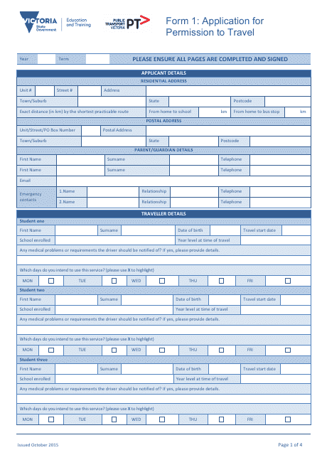 &quot;Application Form for Permission to Travel - Public Transport Victoria&quot; - Victoria, Australia Download Pdf