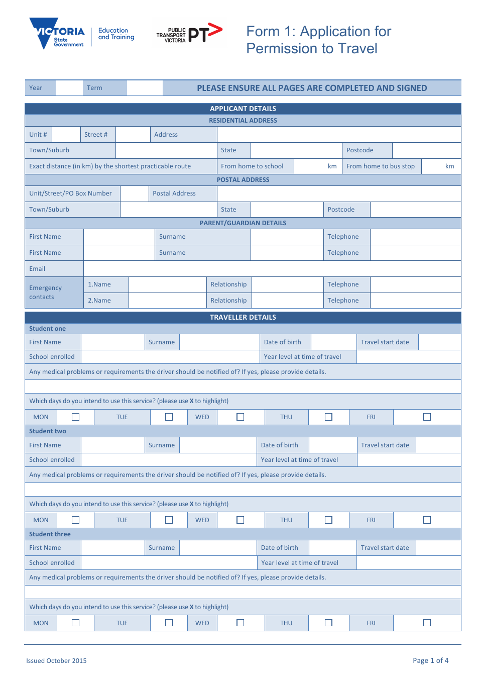 Application Form for Permission to Travel - Public Transport Victoria - Victoria, Australia, Page 1