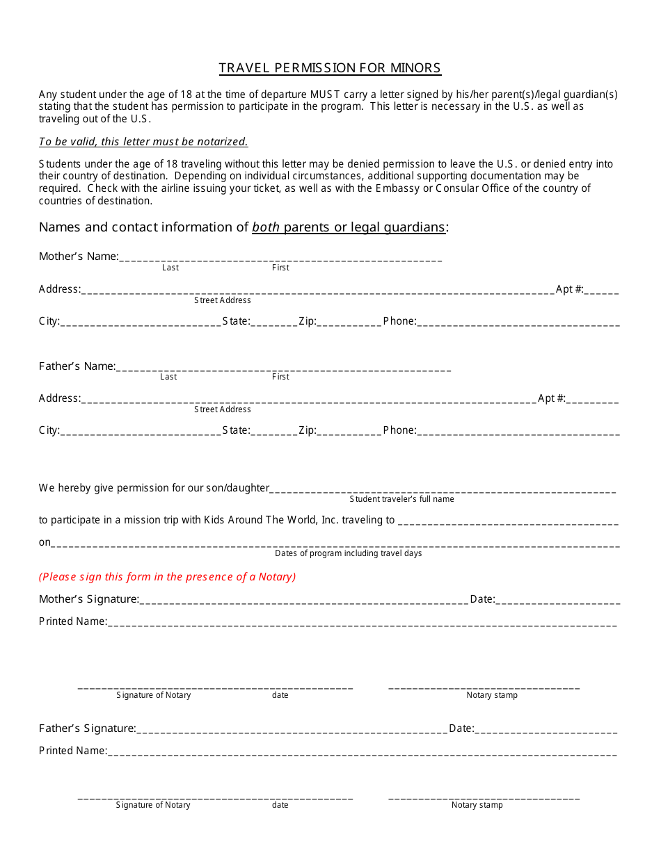 Travel Permission Form for Minors, Page 1
