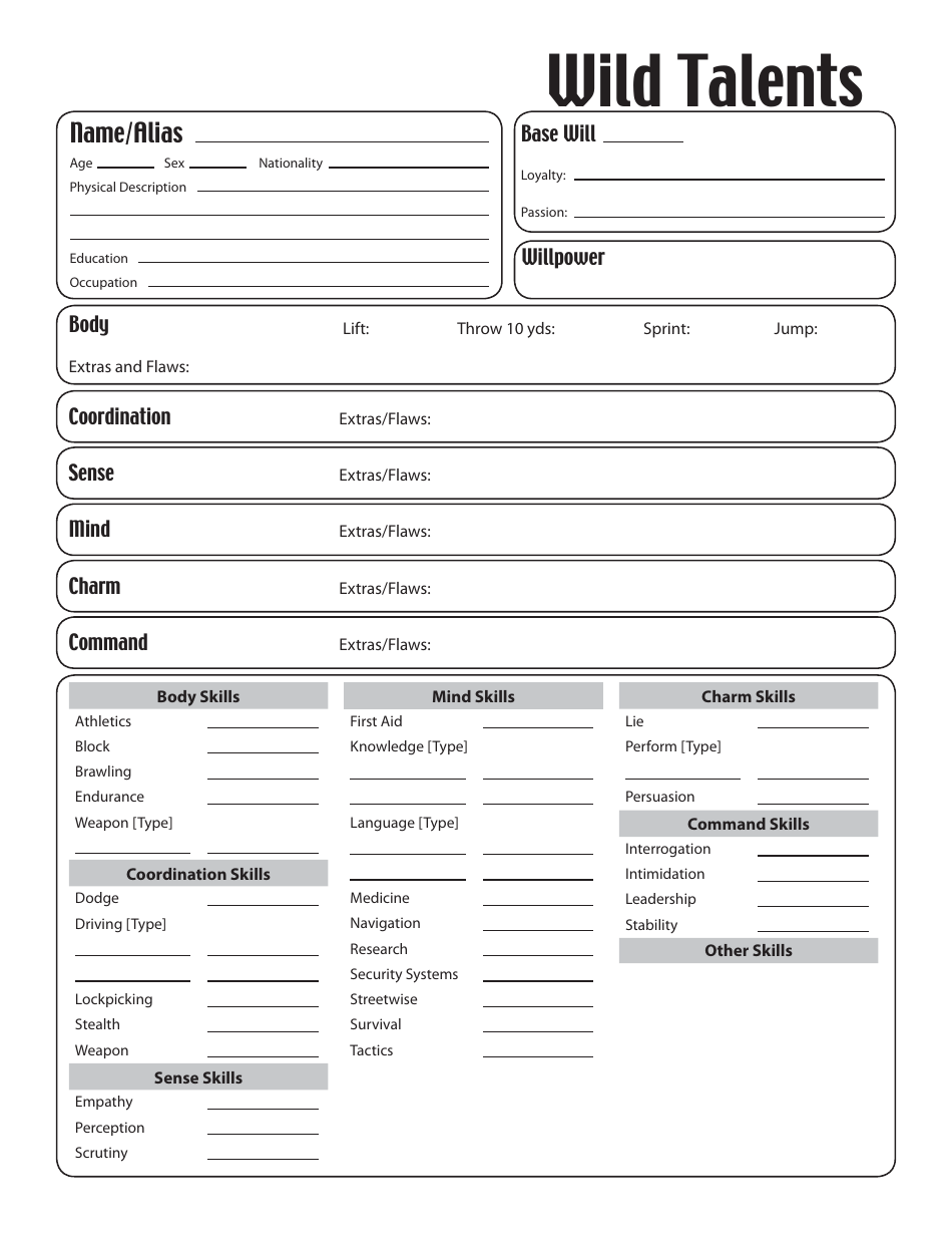 Wild Talents Character Sheet - Template with fields for character details, attributes, skills, abilities, and powers.
