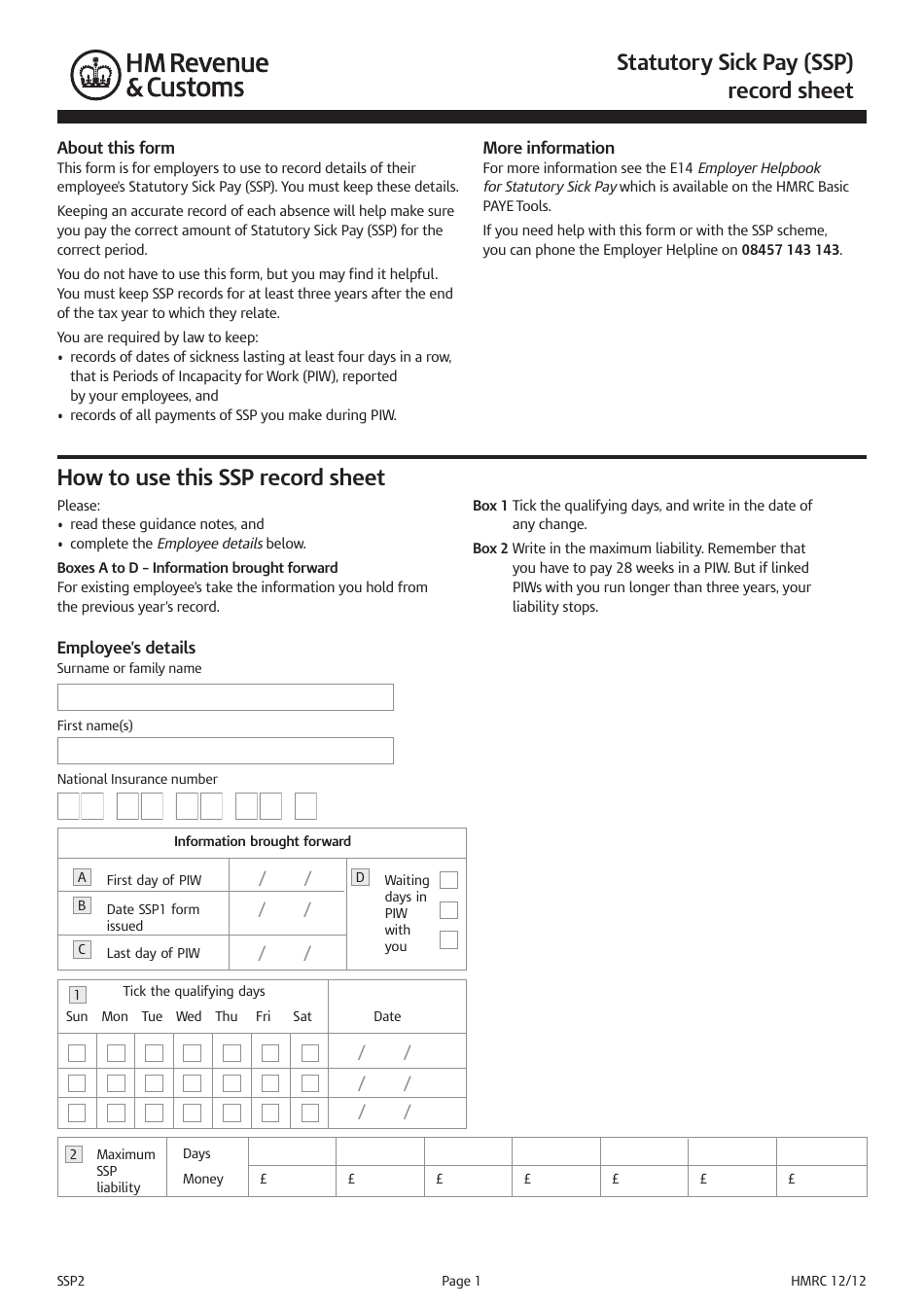 Form SSP2 Statutory Sick Pay SSP Record Sheet - United Kingdom, Page 1