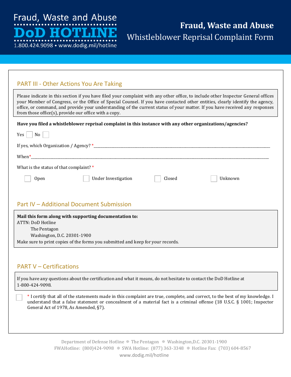 Fraud, Waste and Abuse Whistleblower Reprisal Complaint Form - Fraud, Waste and Abuse DoD Hotline, Page 8