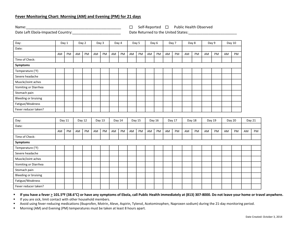 Morning (Am)/Evening (Pm) Fever Monitoring Chart Template - Hillsborough County, Florida, Page 1