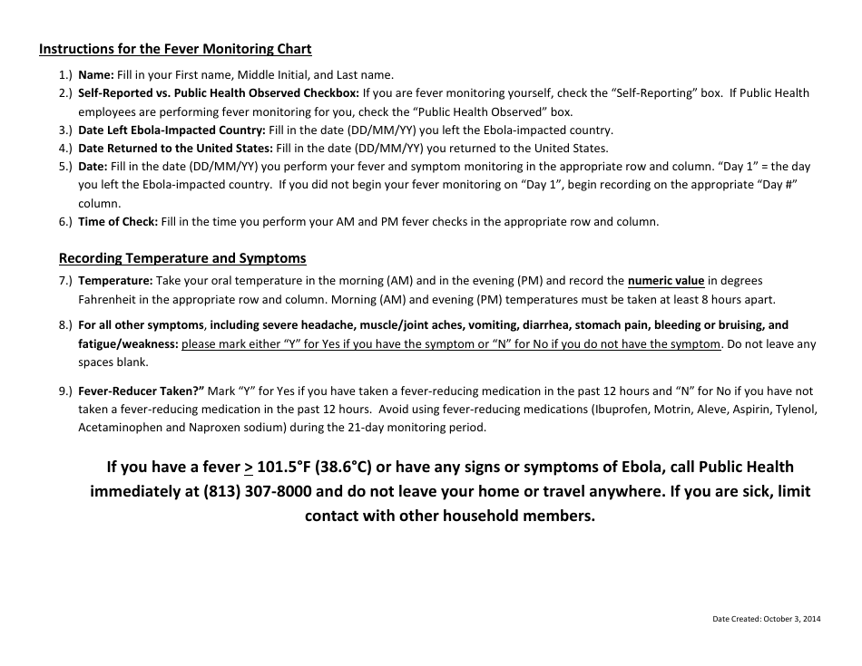Morning (Am) / Evening (Pm) Fever Monitoring Chart Template - Hillsborough County, Florida, Page 2
