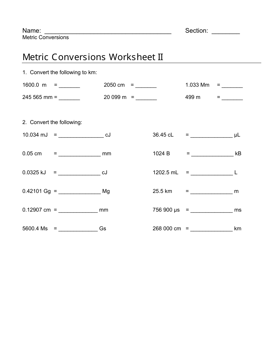 Metric Conversions Worksheet I and Ii Download Printable PDF ...