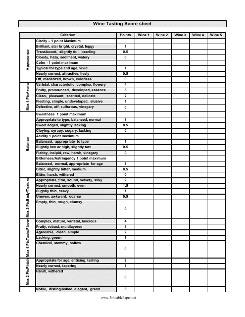 Wine Tasting Score Sheet - Free Document Template Preview