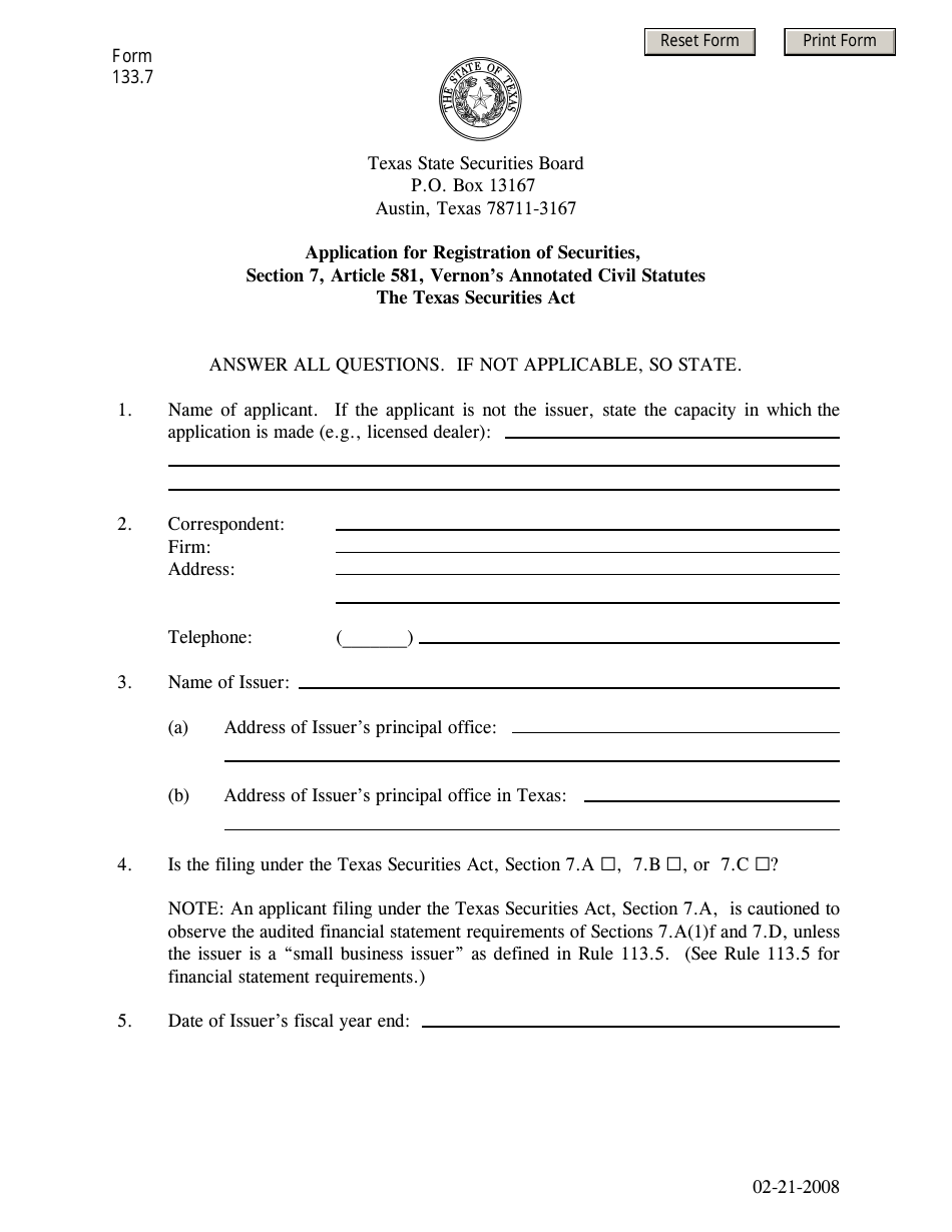 Form 133.7 Application for Registration of Securities - Texas, Page 1