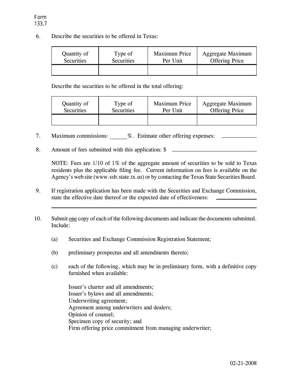 Form 133.7 Application for Registration of Securities - Texas, Page 2