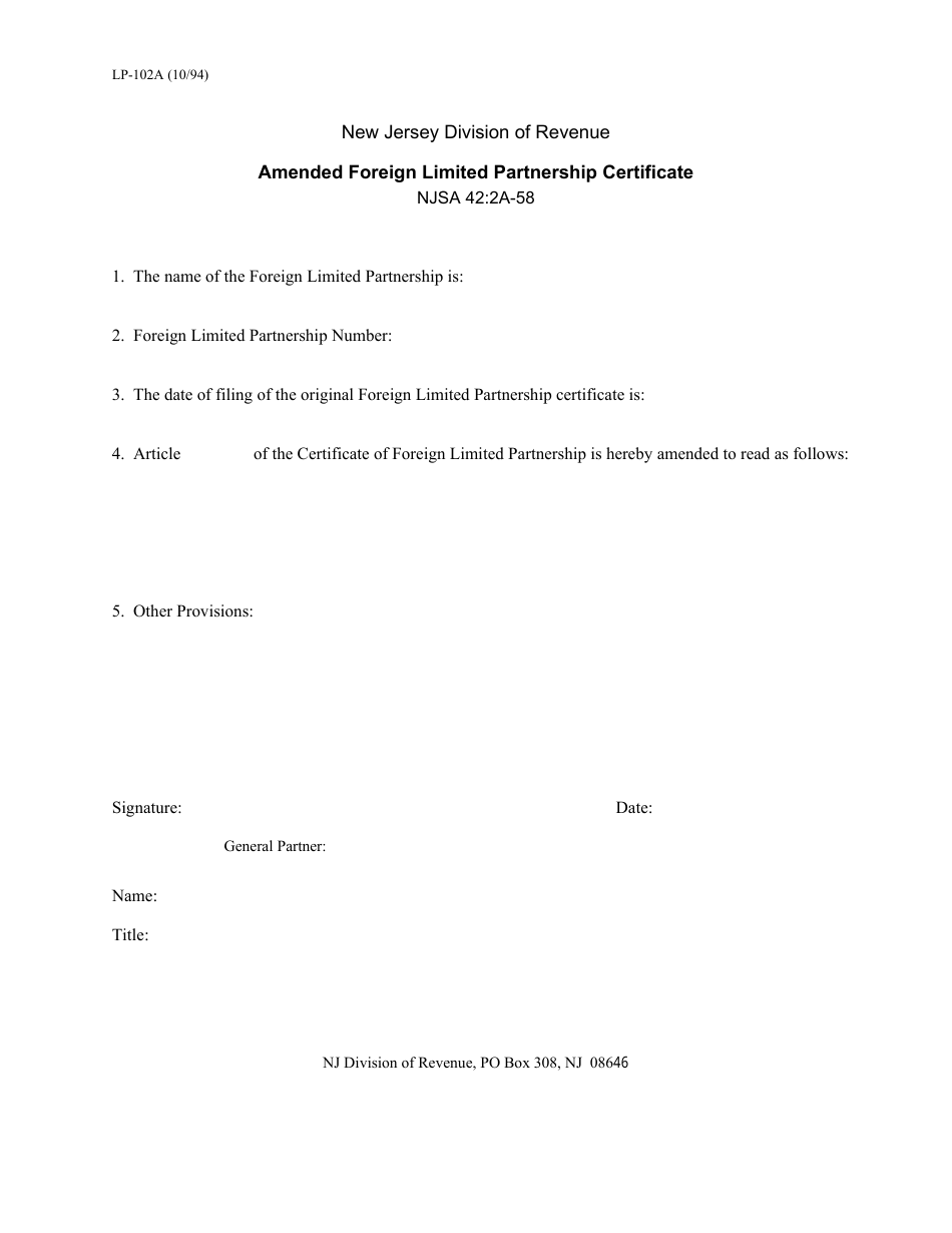 Form LP-102a Amended Foreign Limited Partnership Certificate - New Jersey, Page 1