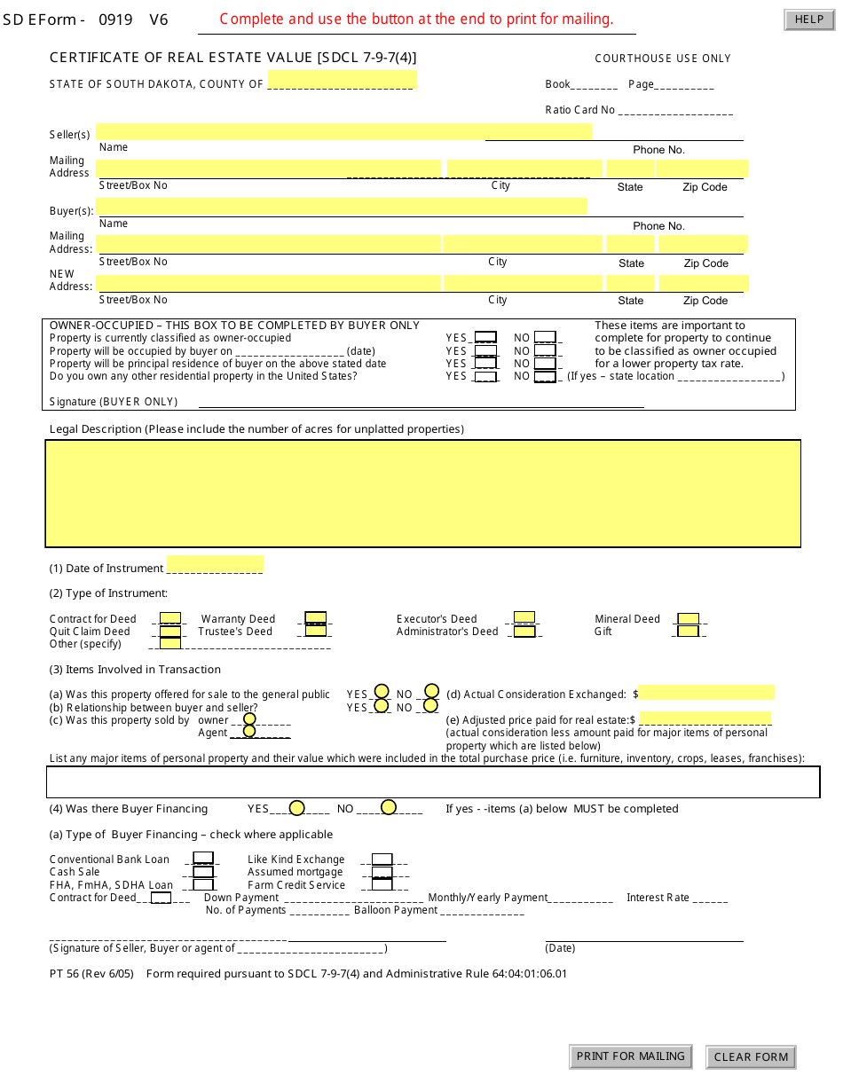 Form PT56 Certificate of Real Estate Value - South Dakota, Page 1