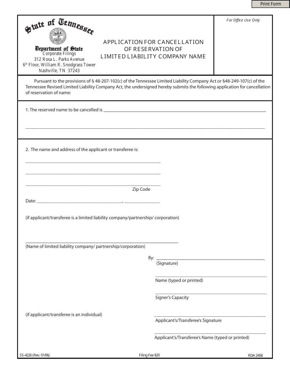 Form SS-4226 Application for Cancellation of Reservation of Limited Liability Company Name - Tennessee, Page 1