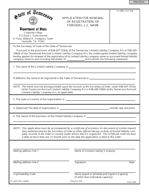 Form SS-4237 Application for Renewal of Registration of Foreign L.l.c. Name - Tennessee
