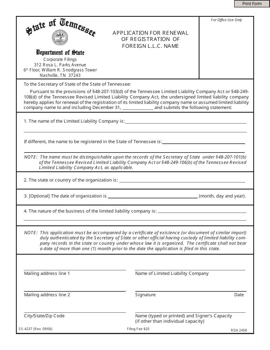 Form SS-4237 Application for Renewal of Registration of Foreign L.l.c. Name - Tennessee, Page 1
