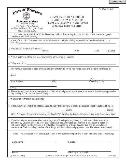 Form SS-4489 Conversion of a Limited Liability Partnership (From Limited Partnership or General Partnership) - Tennessee
