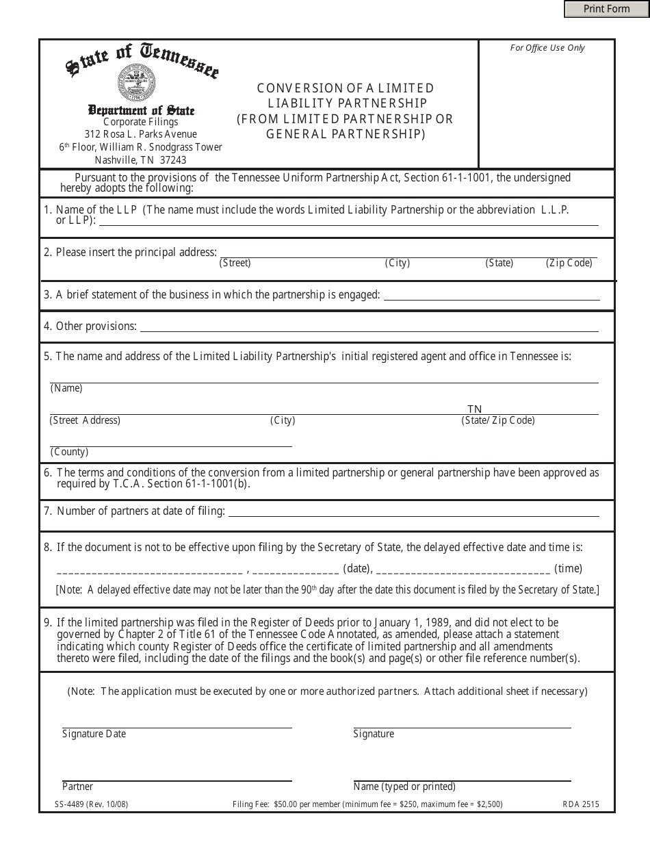 Form SS-4489 Conversion of a Limited Liability Partnership (From Limited Partnership or General Partnership) - Tennessee, Page 1