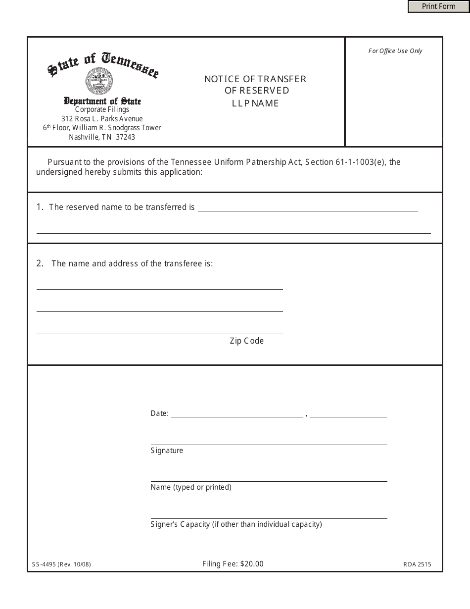 Form SS-4495 Notice of Transfer of Reserved LLP Name - Tennessee, Page 1