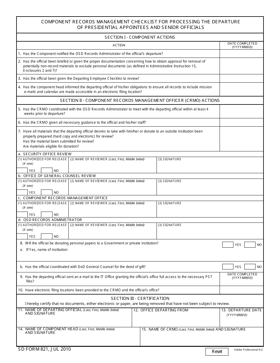 SD Form 821 Component Records Management Checklist for Processing the Departure of Presidential Appointees and Senior Officials, Page 1