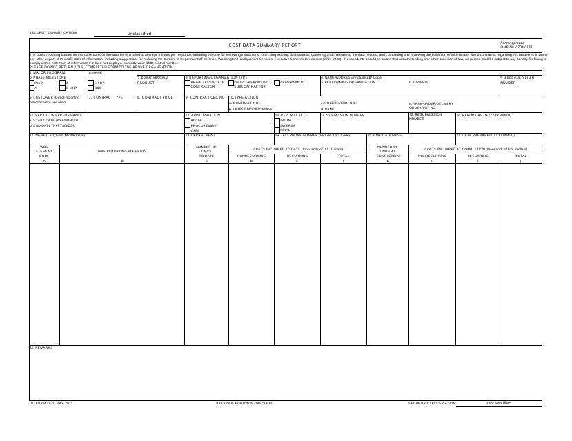 DD Form 1921 Cost Data Summary Report
