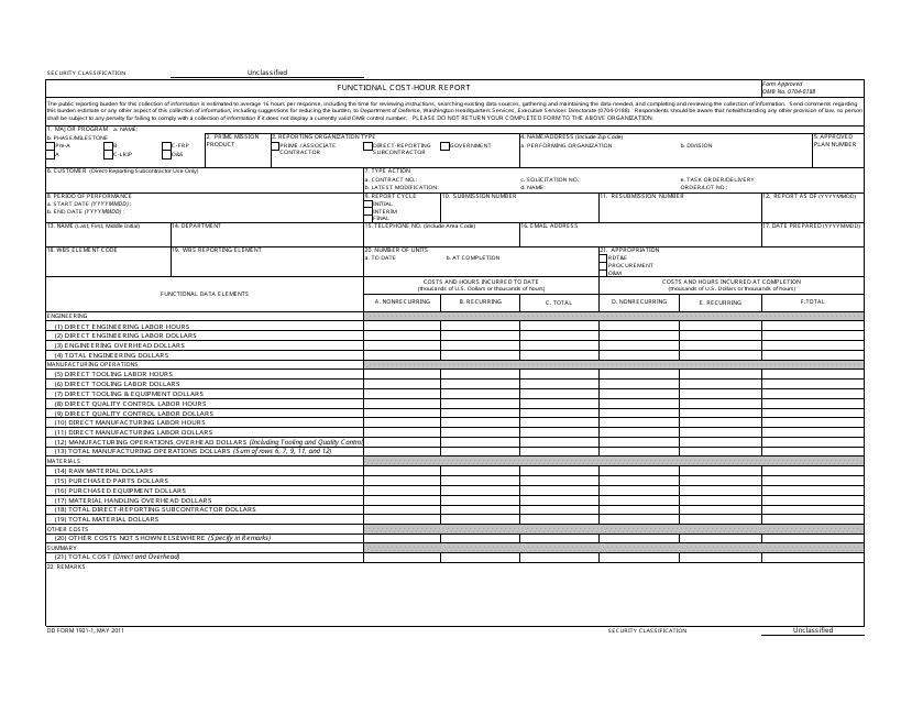 DD Form 1921-1 Functional Cost - Hour Report