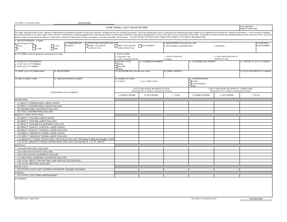 DD Form 1921-1 Functional Cost - Hour Report, Page 1