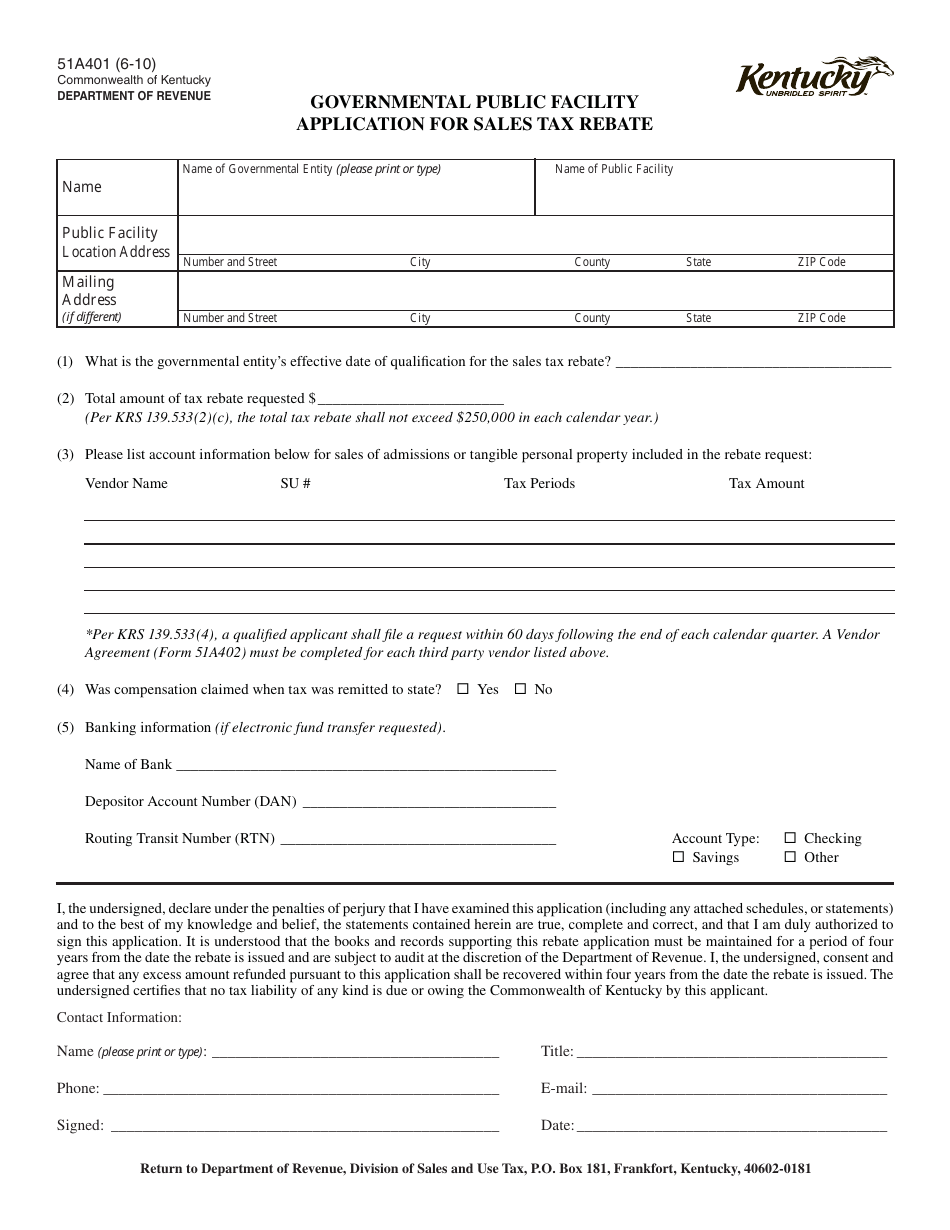 Form 51A401 Governmental Public Facility Application for Sales Tax Rebate - Kentucky, Page 1