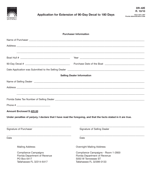 Form DR-42e Application for Extension of 90-day Decal to 180 Days - Florida