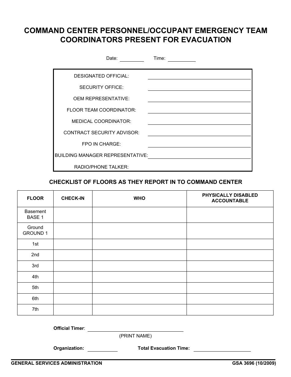 GSA Form 3696 Command Center Personnel / Occupant Emergency Team Coordinators Present for Evacuation, Page 1