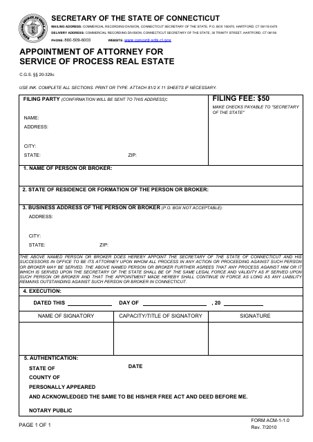 Form ACM-1-1.0 Appointment of Attorney for Service of Process Real Estate - Connecticut