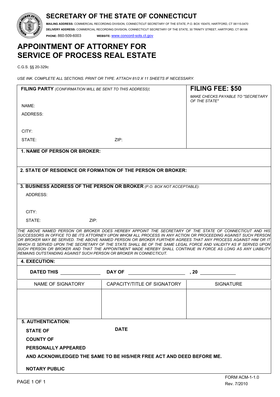Form ACM-1-1.0 Appointment of Attorney for Service of Process Real Estate - Connecticut, Page 1