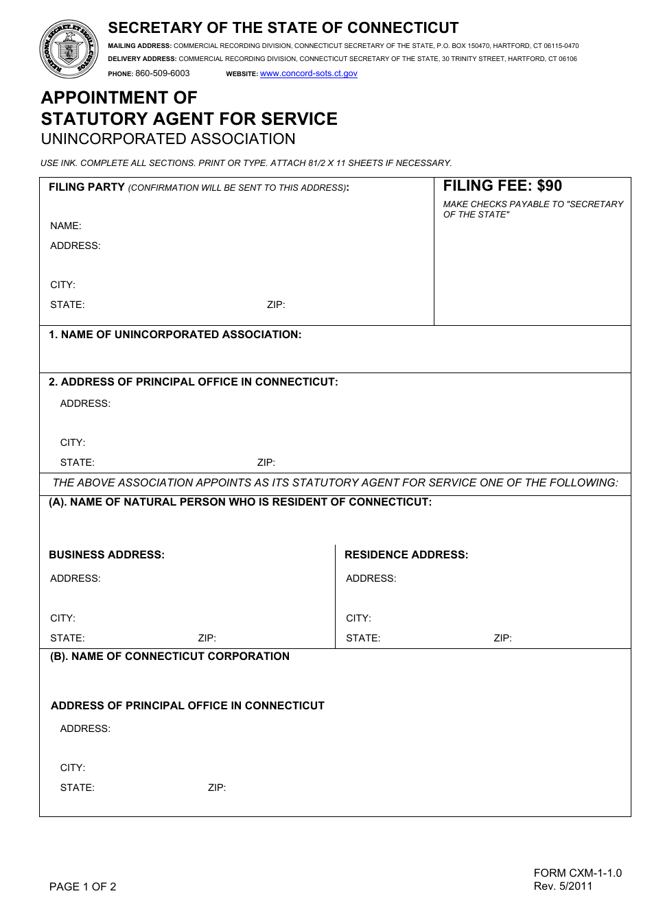 Form CXM-1-1.0 Appointment of Statutory Agent for Service Unincorporated Association - Connecticut, Page 1