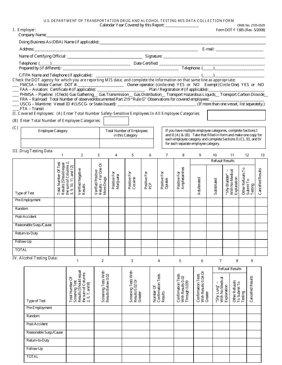 Form DOT F1385 Drug and Alcohol Testing Mis Data Collection, Page 1
