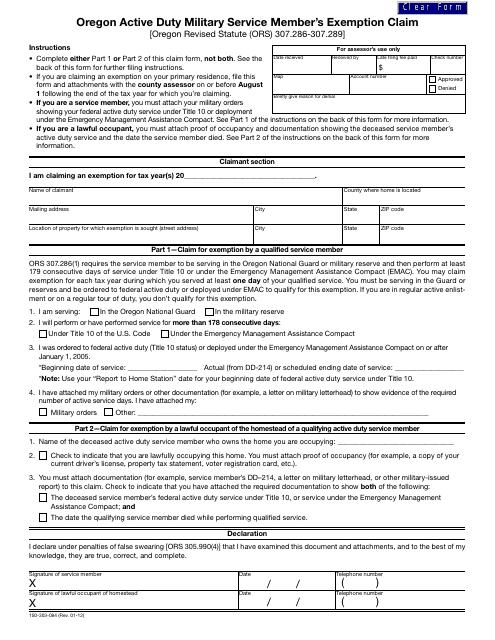 Form 150-303-084 Oregon Active Duty Military Service Member's Exemption Claim - Oregon