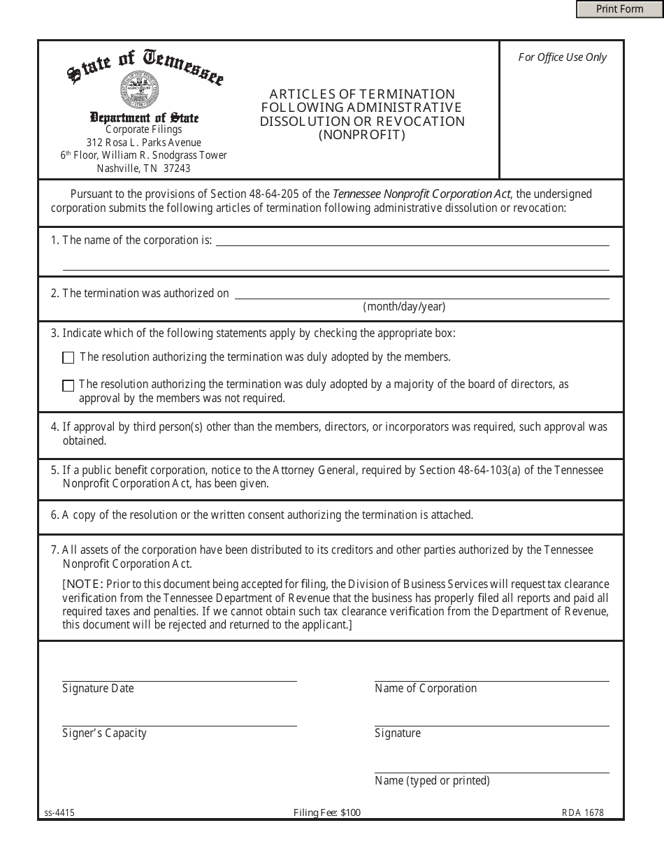 Form SS-4415 Articles of Termination Following Administrative Dissolution or Revocation (Nonprofit) - Tennessee, Page 1