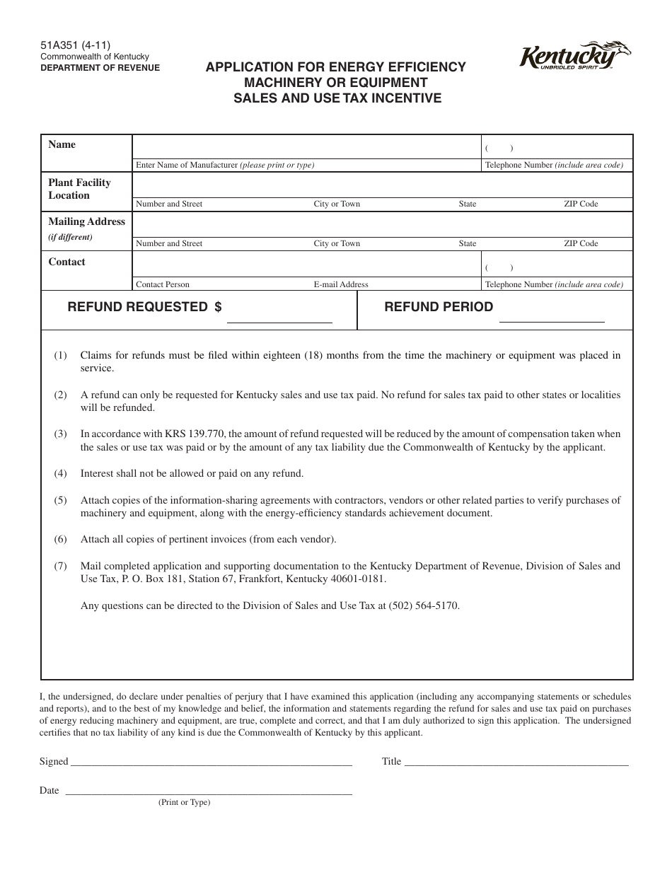 Form 51A351 Application for Energy Efficiency Machinery or Equipment Sales and Use Tax Incentive - Kentucky, Page 1
