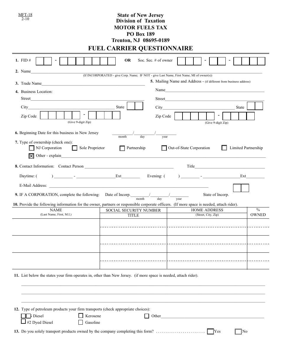 Form MFT-18 Fuel Carrier Questionnaire - New Jersey, Page 1