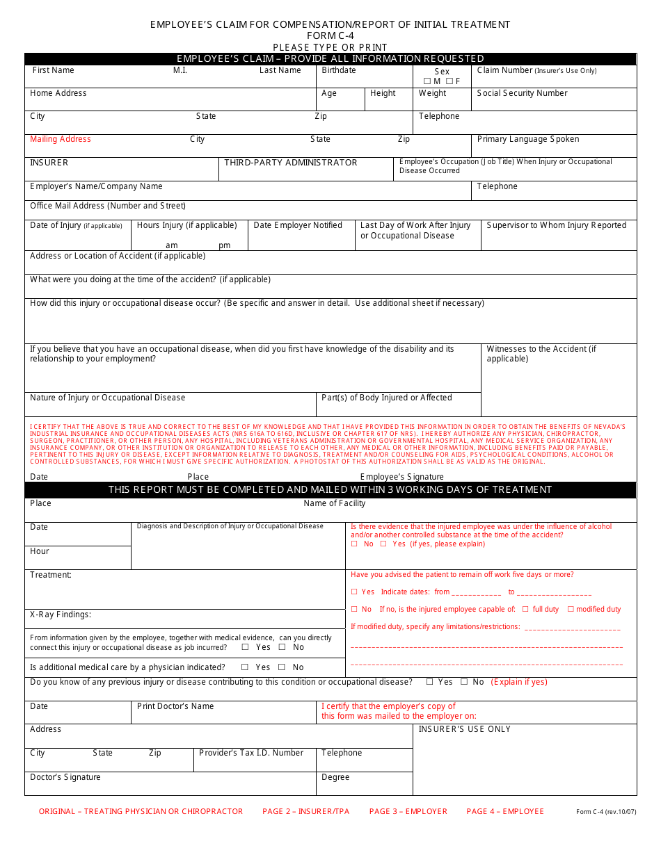 Form C-4 Employee's Claim for Compensation/Report of Initial Treatment - Nevada, Page 1