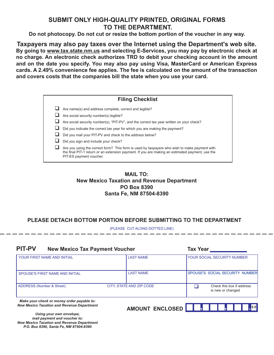 Form PIT-PV New Mexico Tax Payment Voucher - New Mexico, Page 1