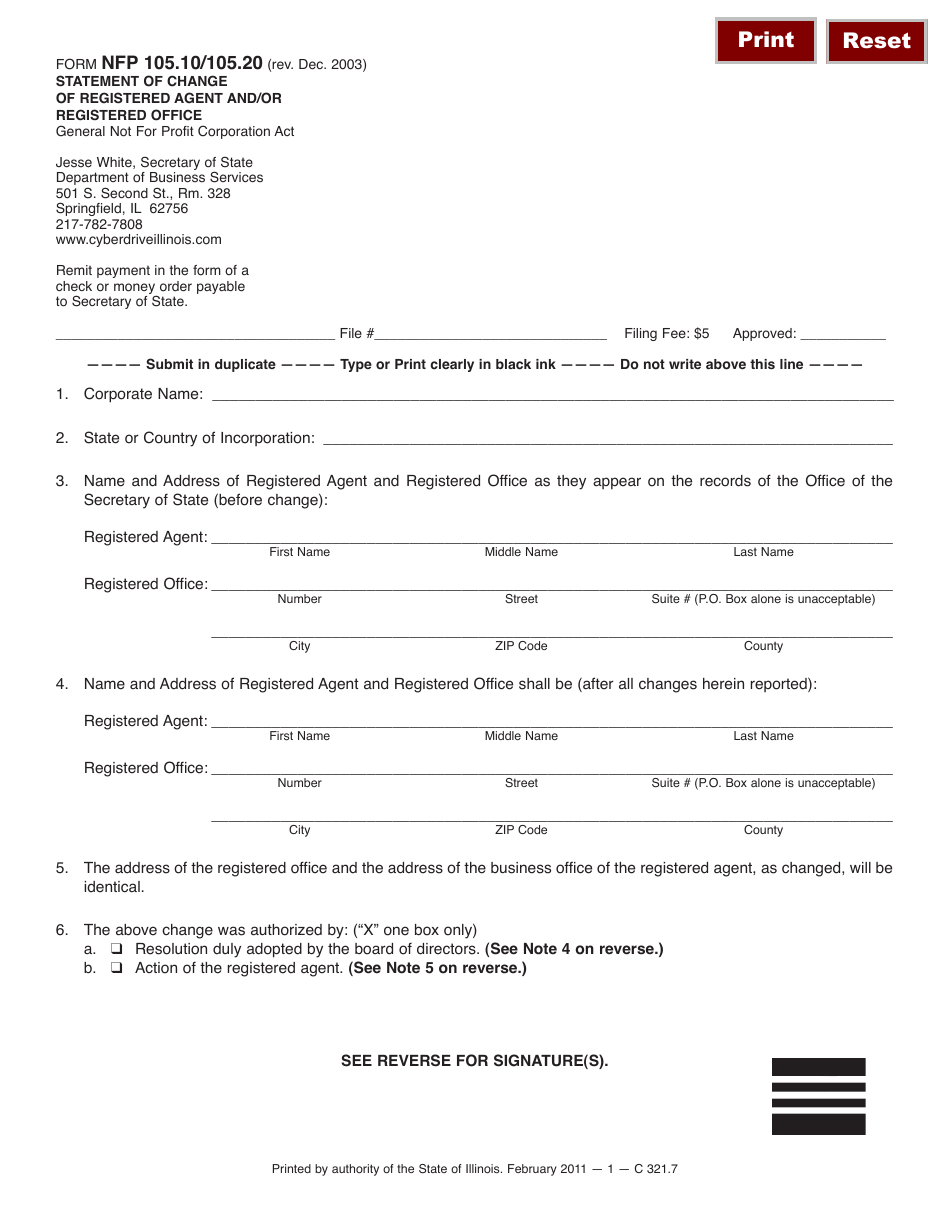 Form NFP-105.10/105.20 Statement of Change of Registered Agent and/or Registered Office - Illinois, Page 1