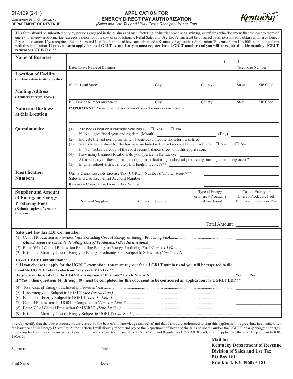 Form 51A109 Application for Energy Direct Pay Authorization - Kentucky, Page 1